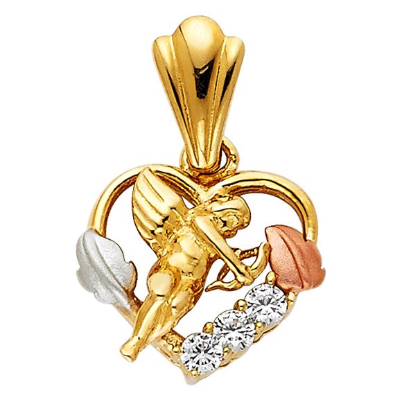 14K Gold Tri Color CZ Angel Heart Pendant